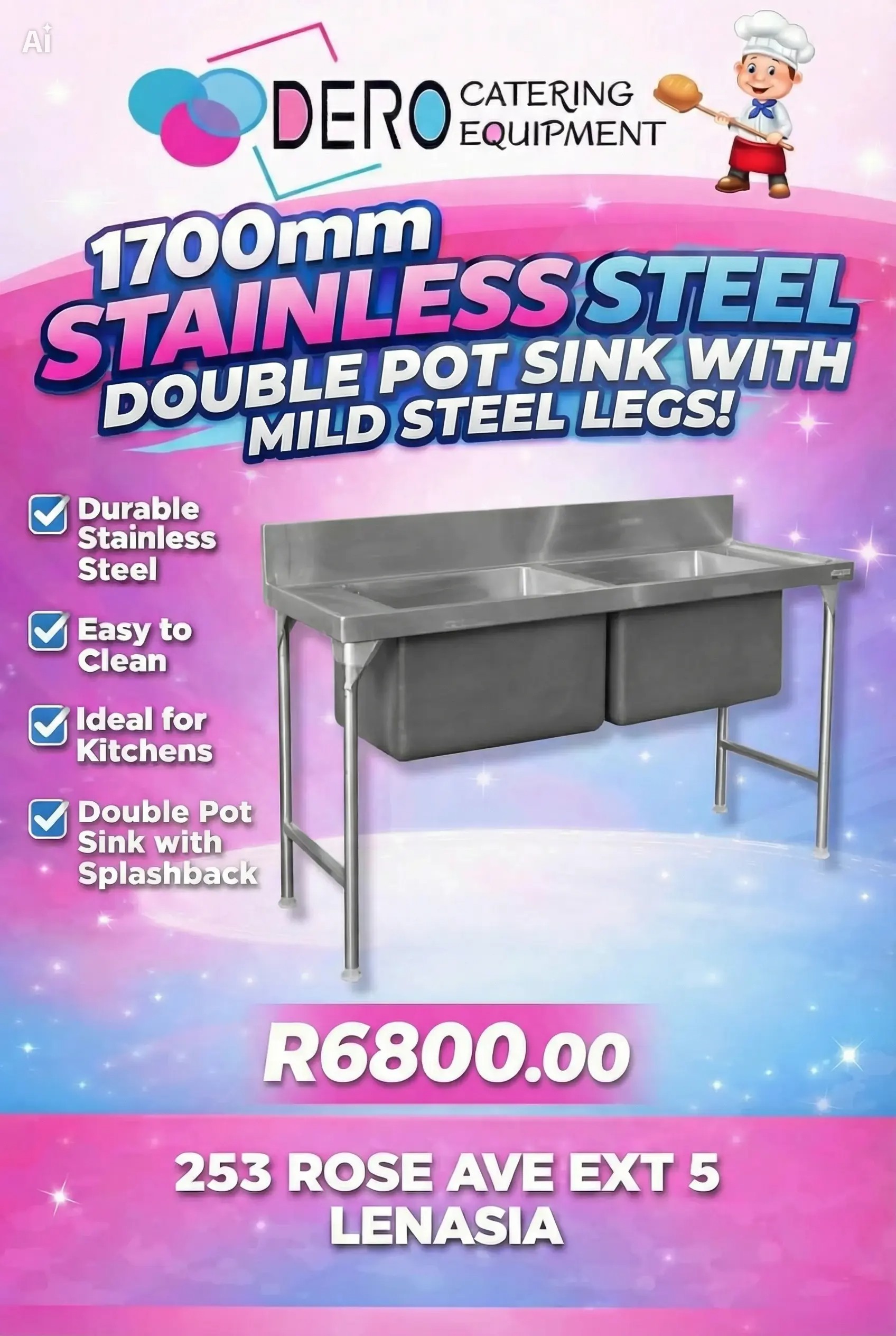 1700MM Stainless Steel Industrial Double Pot Sink With Mild Steel Legs