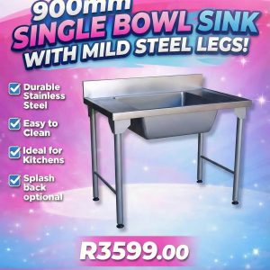 900MM Stainless Steel Industrial Single Bowl Sink With Mild Steel Legs
