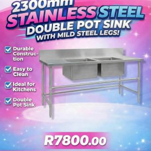 2300MM Stainless Steel Industrial Double Pot Sink With Mild Steel Legs