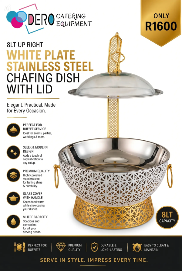 8LT Up Right White Plate Stainless Steel Chafing Dish with Lid