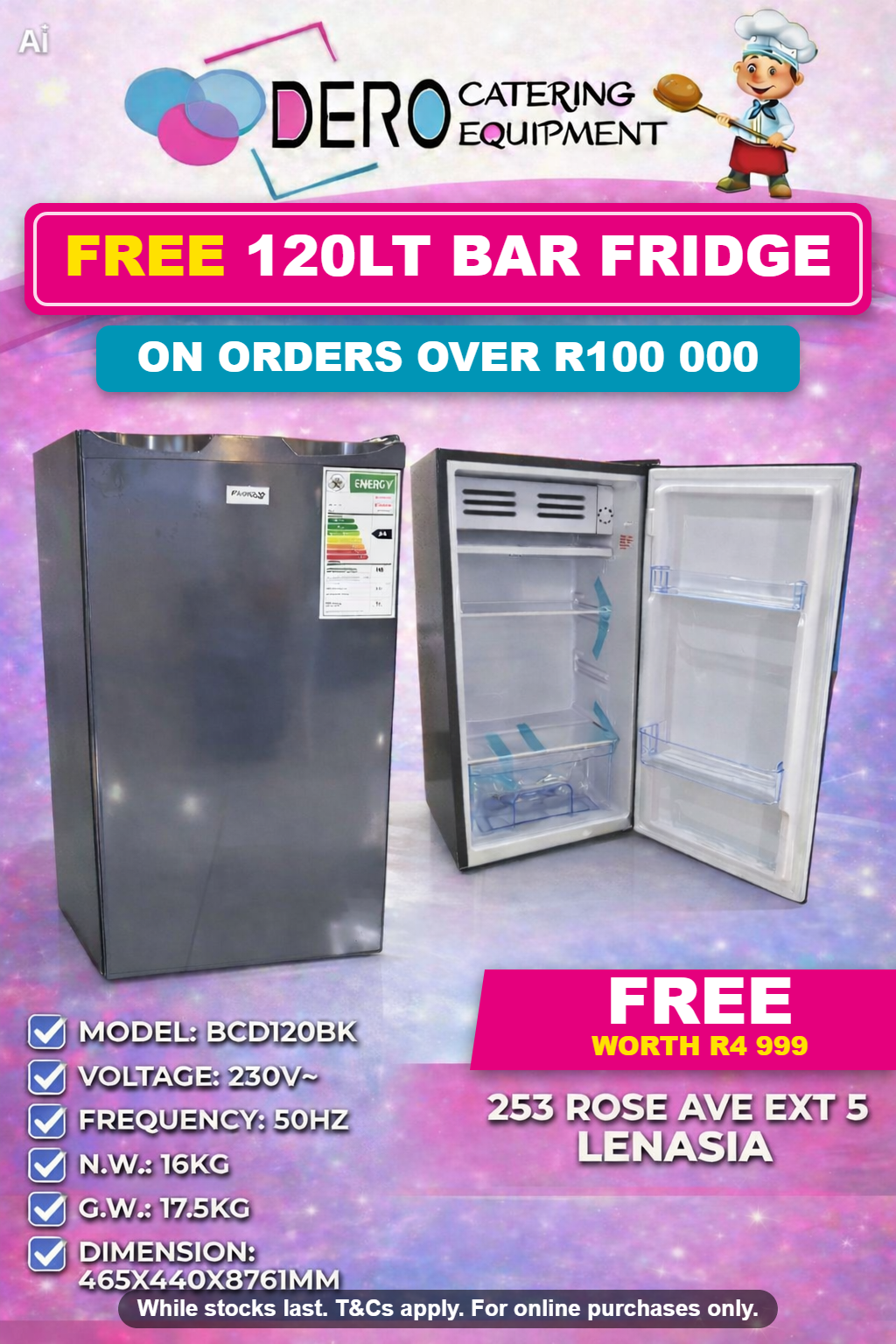 Free 120lt Bar Fridge on orders over R100 000 — Dero Catering Equipment